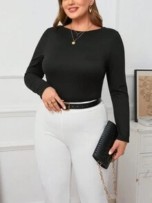 SHEIN Privé 女性的加大碼簡約優雅修身v領t恤,情人節 - 黑色 - 查看 2