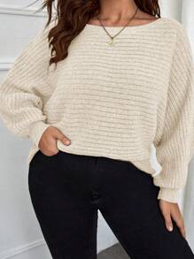 SHEIN LUNE Talla grande Jersey de manga murciélago tejido de canalé - Camel - Ver 5