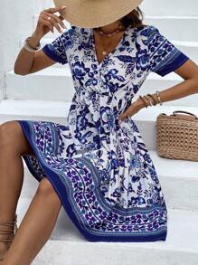 SHEIN VCAY Floral Print Puff Sleeve A-line Dress - Blue - View 5