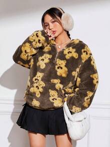 SHEIN EZwear Half Zipper Fleece Hoodie With Cartoon Bear Pattern - Coffee Brown - View 3