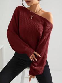 SHEIN Essnce Màu thuần tay cánh Áo len - Đỏ - Xem 3