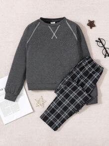 Set áo nỉ bé trai Tween thiết kế tay áo Raglan và quần kẻ sọc - Màu xám đen - Xem 3