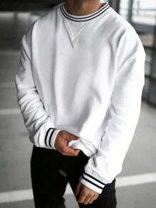 Men Striped Trim Drop Shoulder Sweatshirt - White - View 1