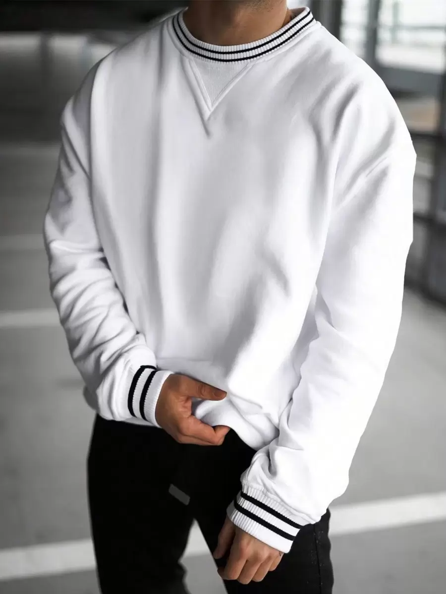 Men Striped Trim Drop Shoulder Sweatshirt - White - View 1