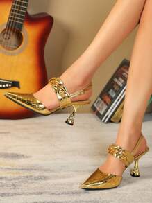 Women's High Heels Pumps, Metal Chain Straps, Square Buckle, Low Vamp, Gold Valentines - Gold - View 1