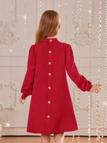SHEIN Tween Girl Stand Collar Dress With Decorative Back Pleats And Buttons, Long Sleeve