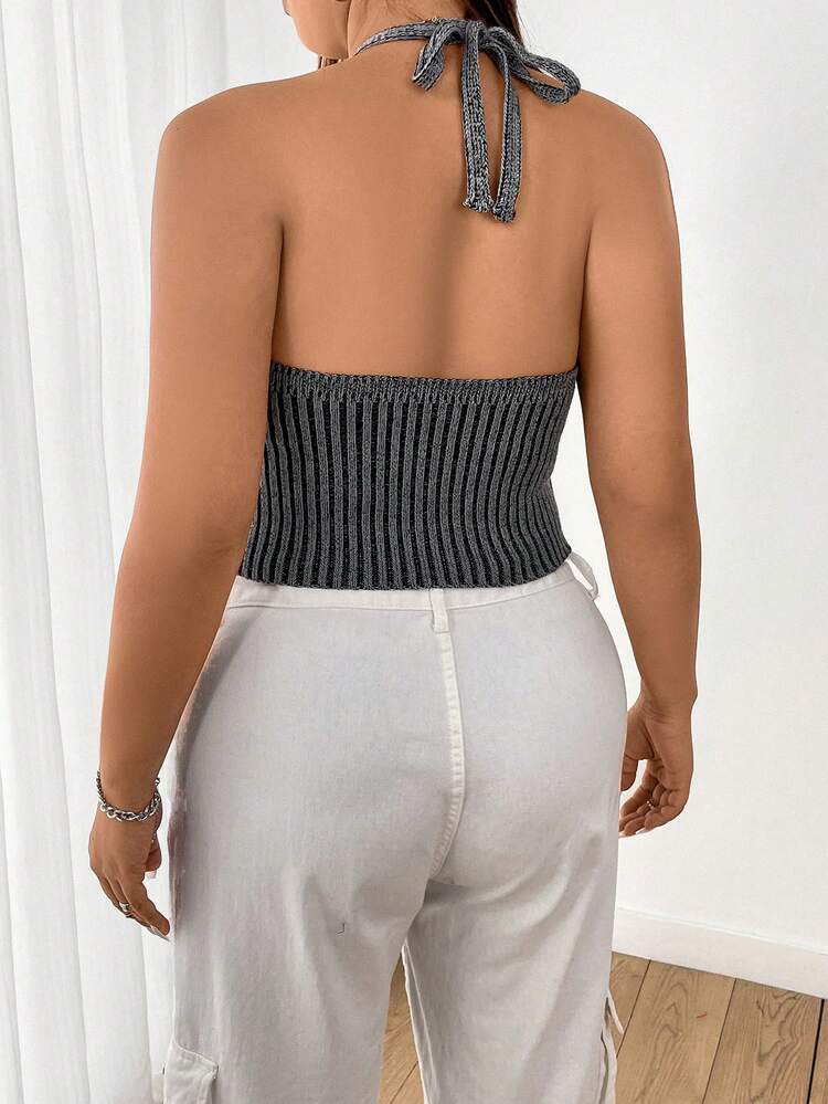 Plus Size Knitted Halter Backless Top