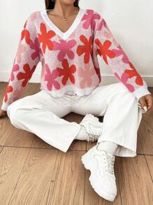 Flirla Pull oversize pour femmes à manches longues et épaules tombantes, motif floral, tricoté, pour l'automne et l'hiver - Rouge - Voir 3