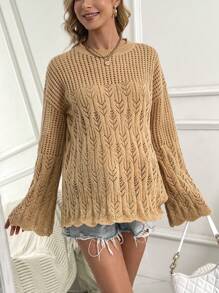 SHEIN Maternity Solid Color Round Neck Hollow Knitted Sweater, For Winter - Khaki - View 1