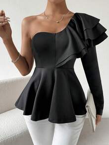 SHEIN Privé Top Ribeteado Con Volantes De Un Hombro