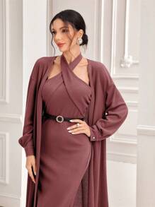 Modelyn 交叉吊带连衣裙（无腰带）和前开襟外套 2 件套 2 件套 - 藕粉色 - 查看 5