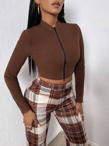 VaVaBold Zippered Short Cropped T-shirt - Brown - View 5