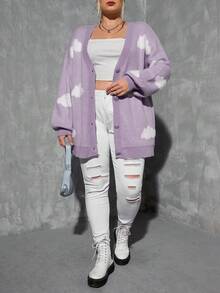 SHEIN Essnce Plus Size Lovely Jacquard Cardigan - Purple - View 3