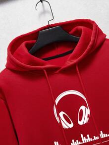 Men's Earphone Printed Drawstring Hooded Long Sleeve Sweatshirt - Red - View 6