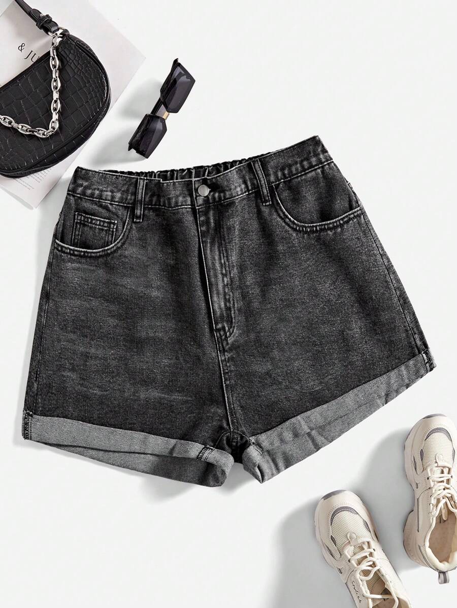 SHEIN ICON Plus Size Cuffed Denim Shorts, Summer - Black - View 1