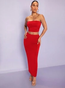 Silquee Conjunto De Falda Y Top Sin Tirantes Plisado Para Mujer - Rojo - Ver 7