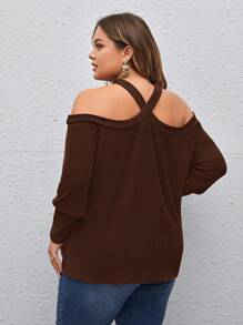 SHEIN Privé 女式大尺碼休閒簡約娃娃領方格紋開肩鑲空格紋交叉紋帶T恤 - 棕色 - 查看 2