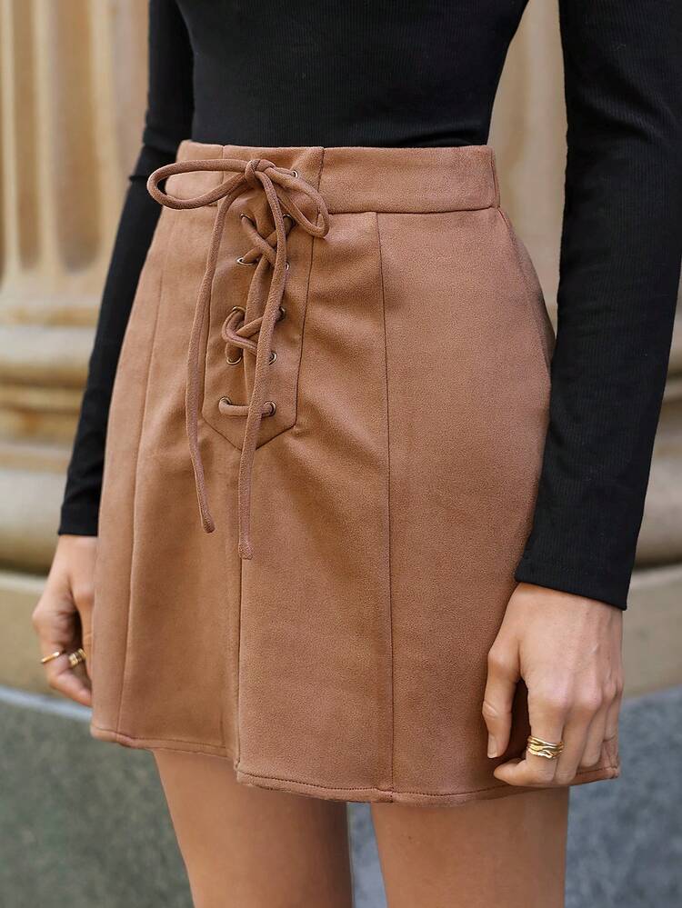 Lace Up Front Solid Skirt Winter Brown Casual
