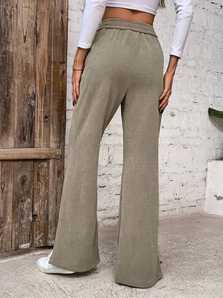 Drawstring Waist Slit Hem Straight Leg Pants Fall Cloth For Women