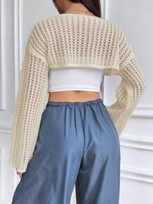 SHEIN Unity Women's Solid Color Hollow Cropped Sweater,Long Sleeve Tops Knit Pullover Fall Winter Sweater - Apricot - View 2
