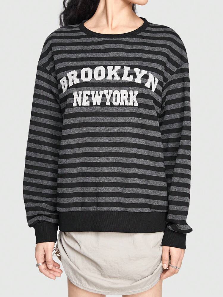 Casual Vintage Striped Sweatshirt For Women With Embroidered Letters, Round Neck, Pullover Style