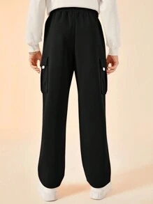 SHEIN 少年男孩休閒寬鬆側邊紋罩衣直腿褲,附有口袋 - 黑色 - 查看 2