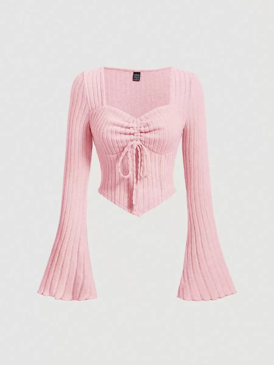 SHEIN MOD Pink Long Sleeved Ladies' Solid Color Bell Sleeve Elastic Hem Ruched Striped T-Shirt - Pink - View 1