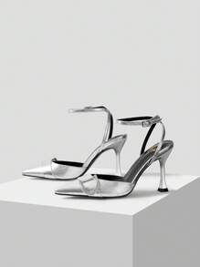 CUCCOO SZL Pointed Toe Stiletto Heel Rhinestone Buckle Women's Shoes Vacation Shoes Summer - Silver - View 2