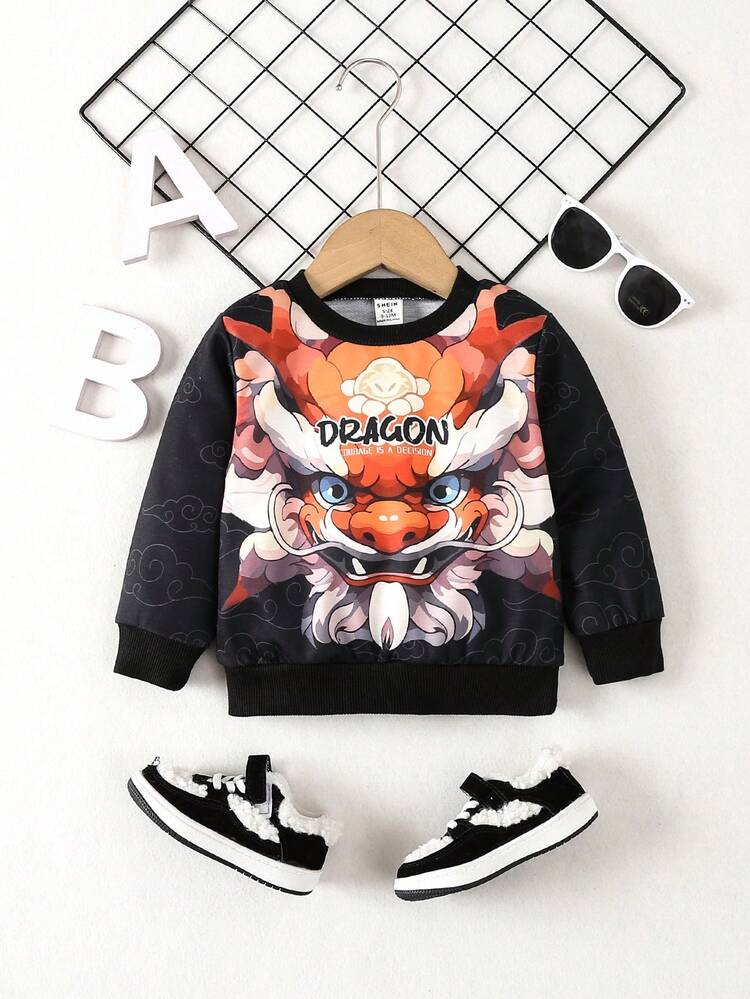 1pc Boys' Black Casual Sweatshirt With Pattern, For Autumn And Winter