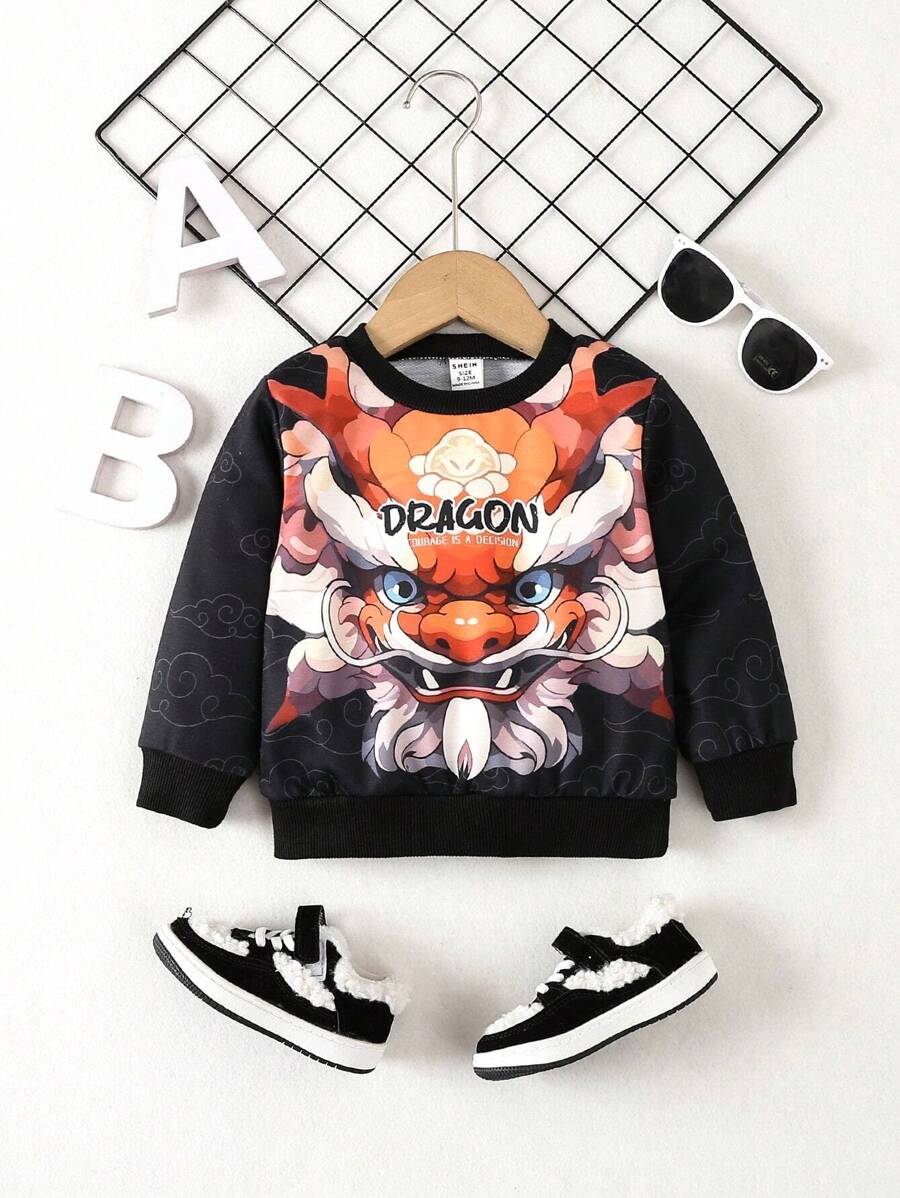 1pc Boys' Black Casual Sweatshirt With Pattern, For Autumn And Winter - Black - View 1