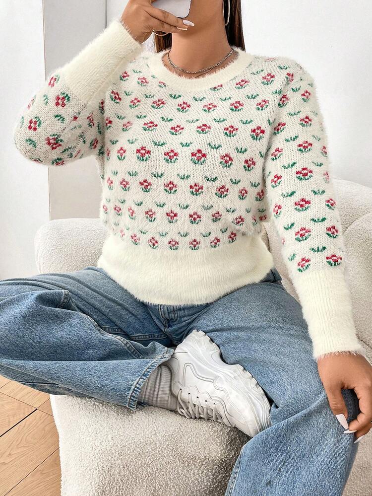 Plus Size Casual Pullover Sweater With Floral Pattern Knit Pullover Fall Winter