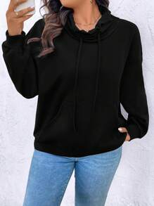 SHEIN LUNE Plus Size Women's Drawstring Drop Shoulder Long Sleeve Sweatshirt - Black - View 3