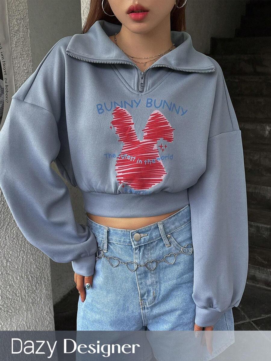 Dazy Designer Letter & Cartoon Graphic Drop Shoulder Crop Sweatshirt,Fall Clothes - Blue - View 1