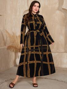 Mulvari Plus Size Chain Pattern Long Sleeve Buttoned Dress Maxi Women Outfit