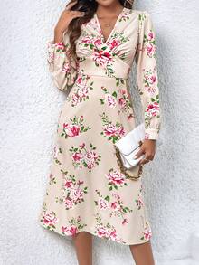 SHEIN VCAY 花紋扭結長袖裙 - 彩色 - 查看 4