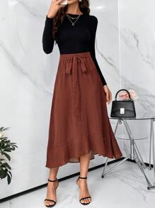 SHEIN Clasi Women's Polka Dot Print Belted Skirt With Ruffle Hem - Coffee Brown - View 5
