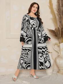 Al Najma Vestido de manga larga con estampado de talla grande y decoración de flecos - Negro - Ver 4