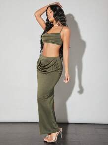 SHEIN BAE 夏季外出綠色披領褶皺短上衣和超長裙套裝 - 軍綠色 - 查看 5