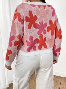 Flirla Pull oversize pour femmes à manches longues et épaules tombantes, motif floral, tricoté, pour l'automne et l'hiver - Rouge - Voir 2