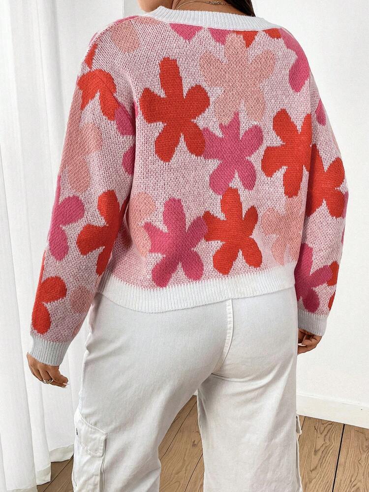 Plus Size Women's Floral Pattern Drop Shoulder Long Sleeve Sweater Knit Pullover Fall Winter Sweater