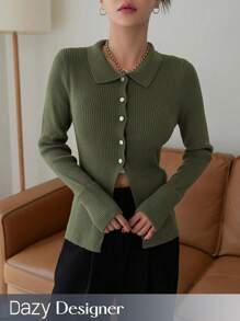 Dazy Designer 純色釦扣肋針織開衫 - 綠色 - 查看 1