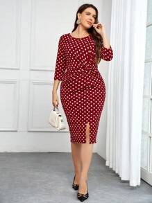 SHEIN Clasi 女款優雅大尺寸圓點印花扭結連身裙 - 紅色 - 查看 4