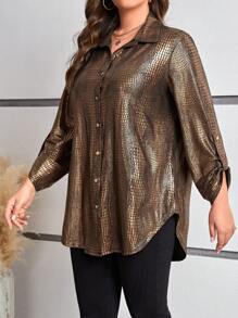 Gownix Camisa Feminina De Botão Plus Size Com Estampa De Crocodilo Em Alto-relevo