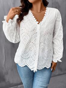 SHEIN LUNE Kích thước lớn Của phụ nữ Thêu lột vỏ Cắt tỉa Áo sơ mi - trắng - Xem 5