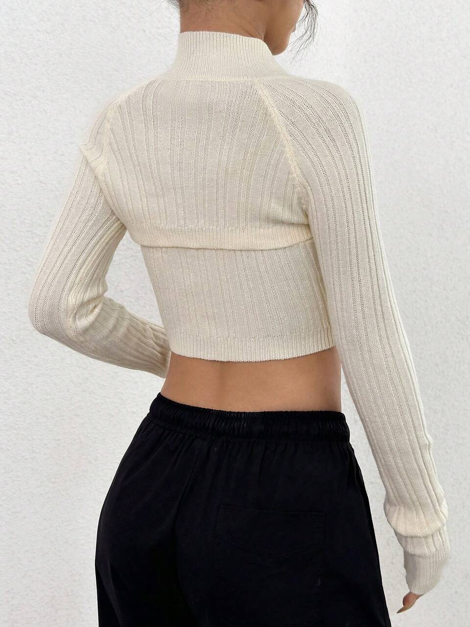 Half Zipper Hollow Out Raglan Sleeve Short Knit Pullover Fall Winter Sweater