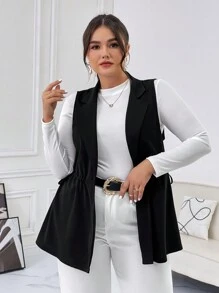 SHEIN Privé Plus Size Drawstring Waistcoat Vest, Business Casual Style - Black - View 3