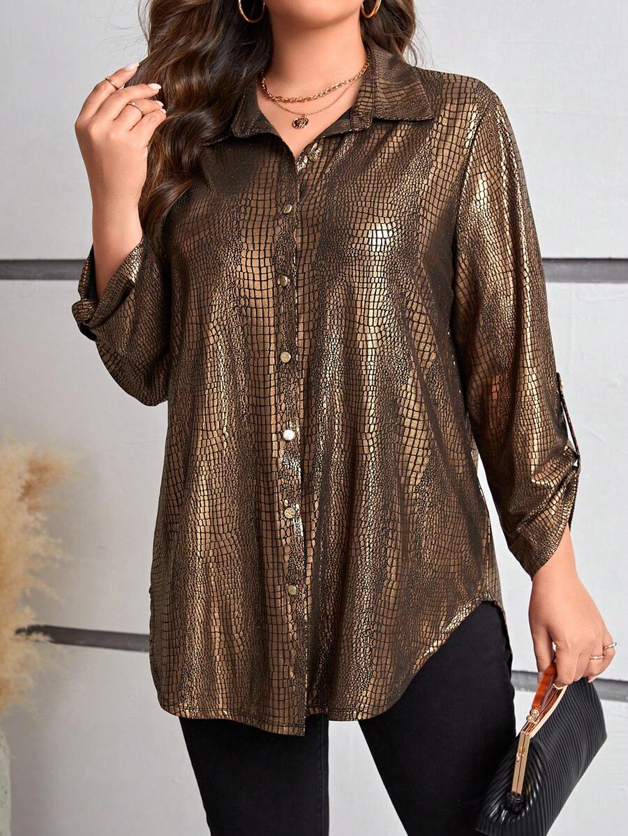 Gownix Camisa Feminina De Botão Plus Size Com Estampa De Crocodilo Em Alto-relevo