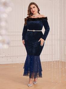Modelyn Plus Size Fuzzy Decorated Off-shoulder Pearl & Stud Embellished Mesh Fish Tail Hem Velvet Dress (without Belt) - Navy Blue - View 1