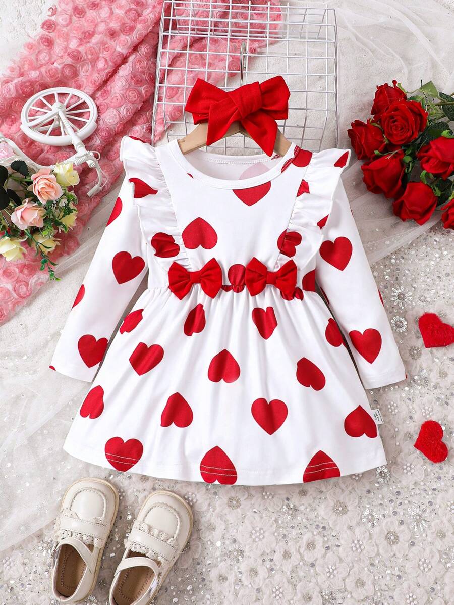 Vestido Con Estampado De Corazones Y Lazo Decorativo Para Bebé Niña - Rojo - Ver 1