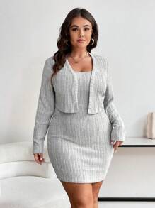 SHEIN Franclia 大尺碼女裝洋裝和開襟夾克套裝 - 灰色 - 查看 3